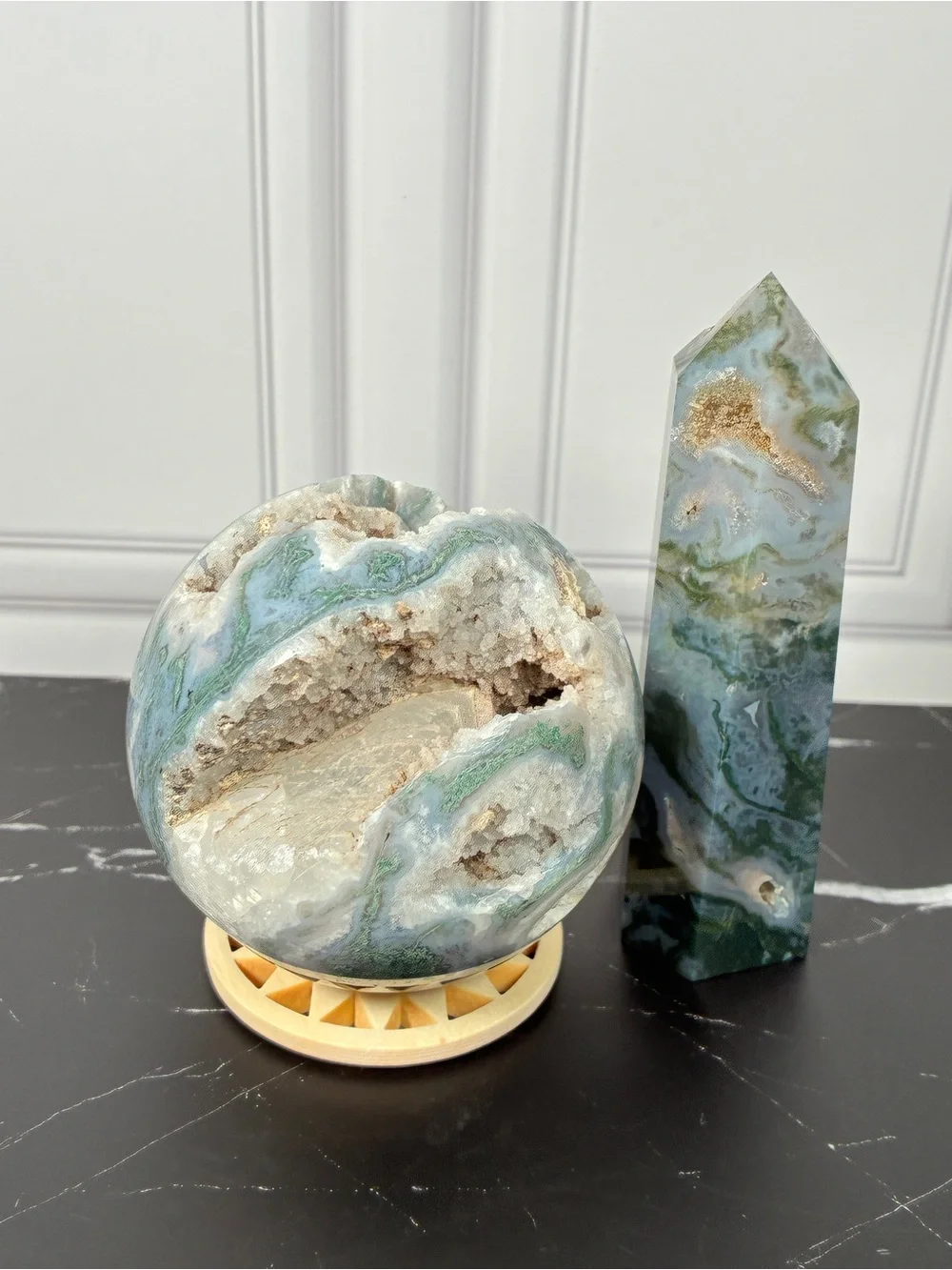 Emerald Dreamscape — Moss Agate Druzy Sphere & Tower Crystal Set